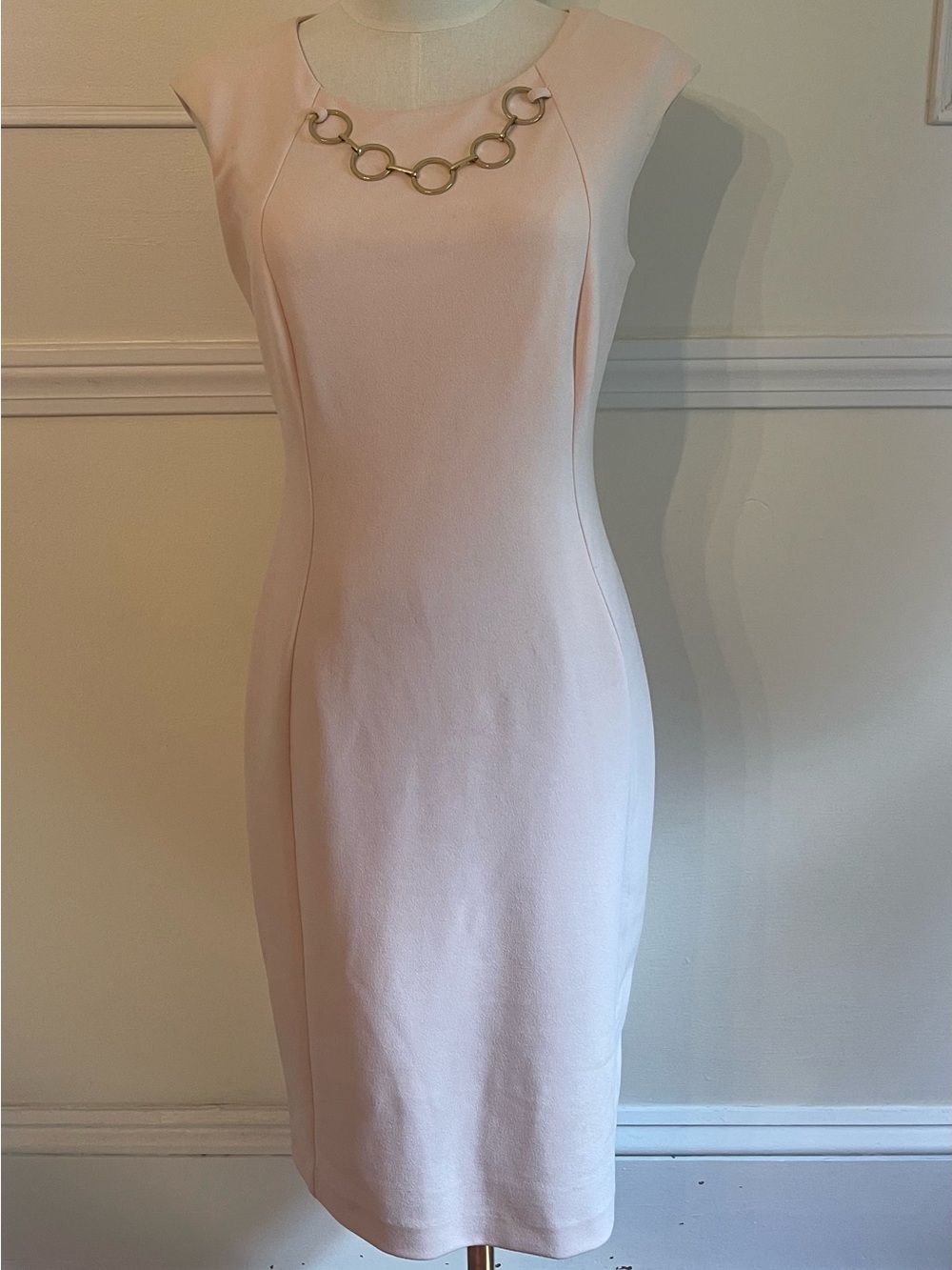 Calvin Klein Fitted Sheath Dress in Pale Pink with Gold Chain Detail